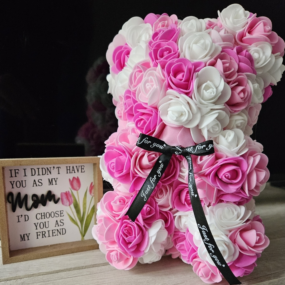 Handmade Synthetic Pink and White Rose Teddy Bear- Great For Mothers Day!